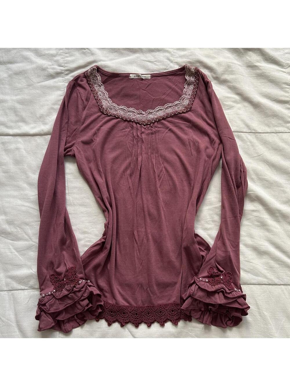 Axes Femme Berry Pink Lace Ruffle Pearl Long Sleeve Top Medium Japan